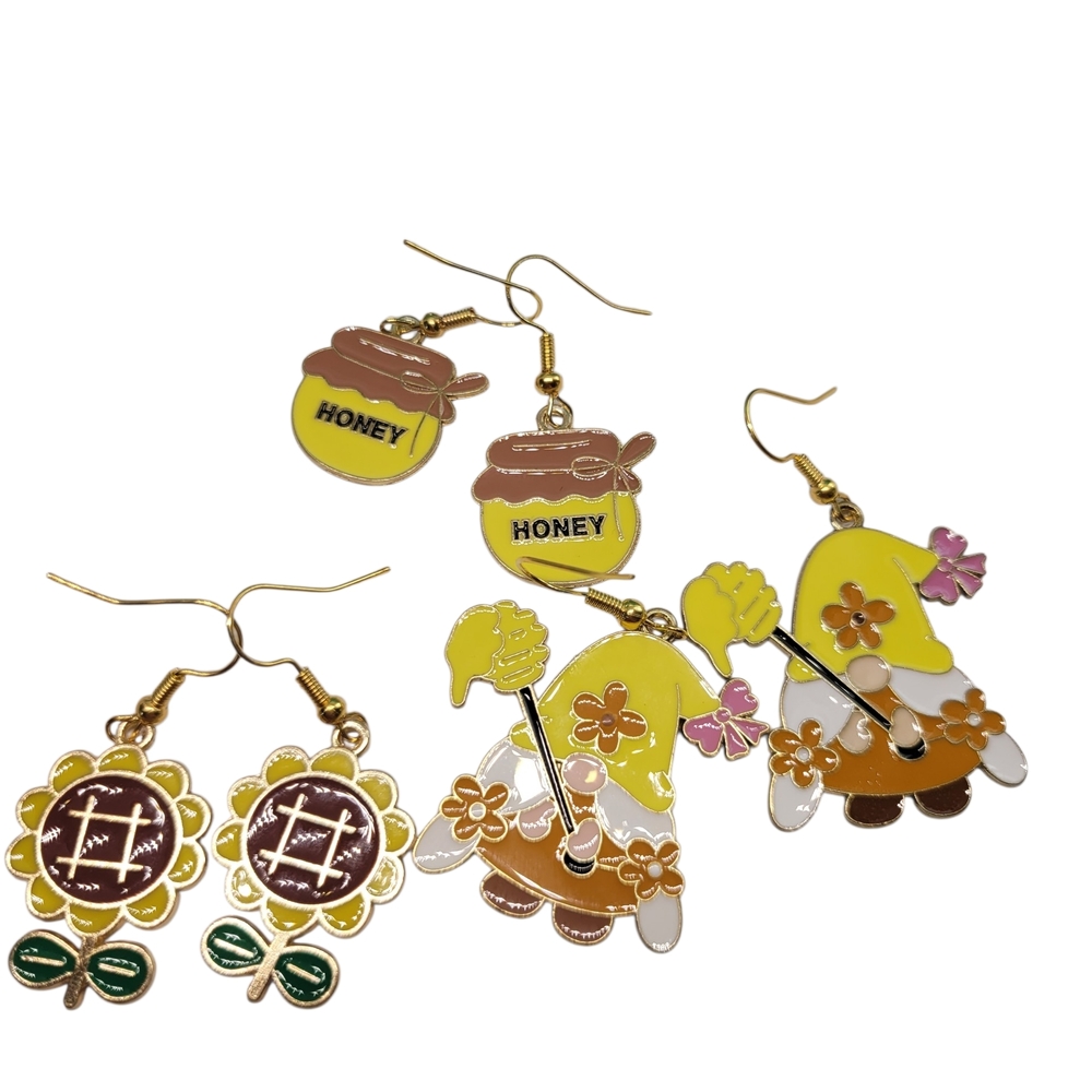 Colorful Gnomes Honey and Flower Earrings Set